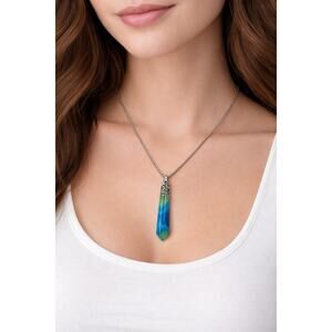 Blue Brazilian Agate Crystal Point Necklace 20” Chain Healing Stone Pendant